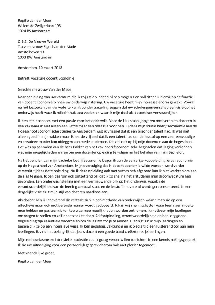 Sollicitatiebrief Docent Economie Voorbeeld