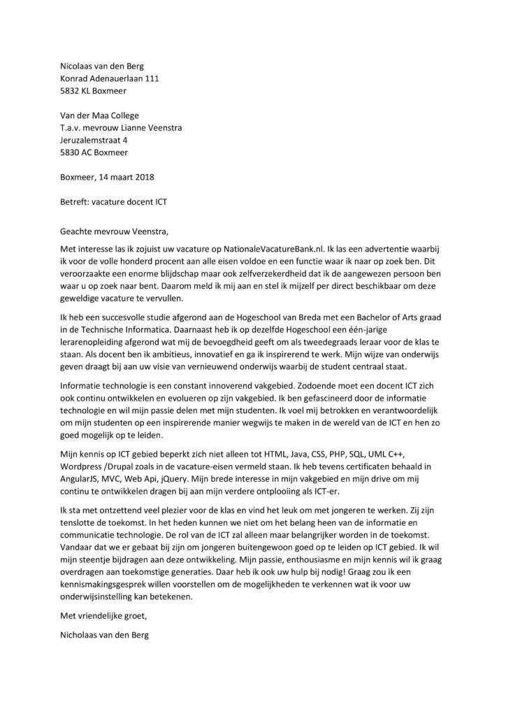 Sollicitatiebrief Docent ICT