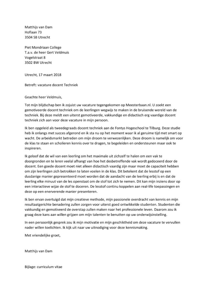 Sollicitatiebrief Docent Techniek