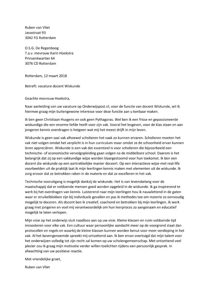 Sollicitatiebrief Docent Wiskunde Voorbeeld